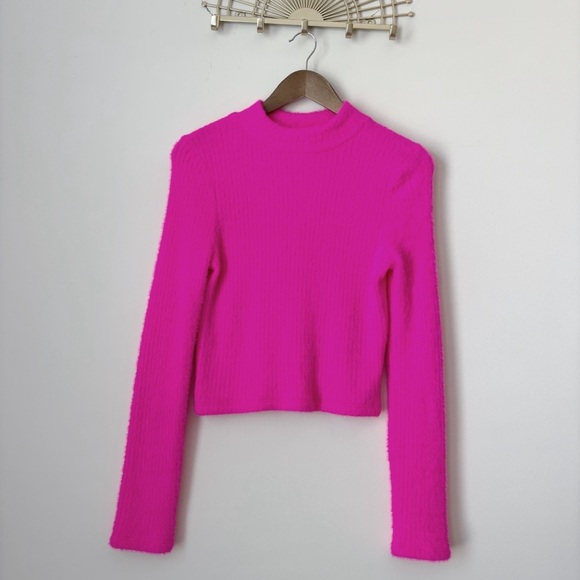 Anthropologie Neon Pink Fuzzy Sweater Medium Ribbed - Picture 7 of 7